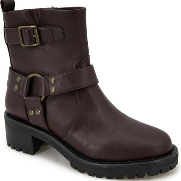 Kenneth Cole Reaction Beryl Harness Boots Moto Buckle Booties Brown Size 8 NEW - Picture 1 of 8